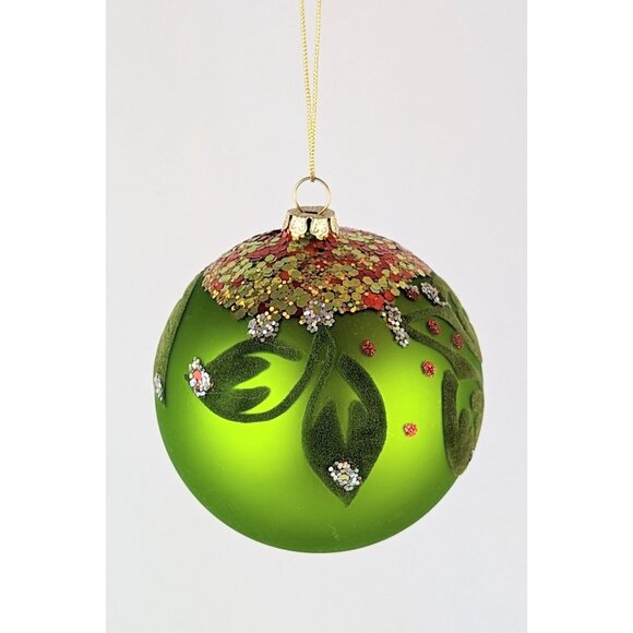 Pair Red and Green Glittery Glass Christmas Ornaments Round Ball Teardrop Felted - Picture 5 of 10